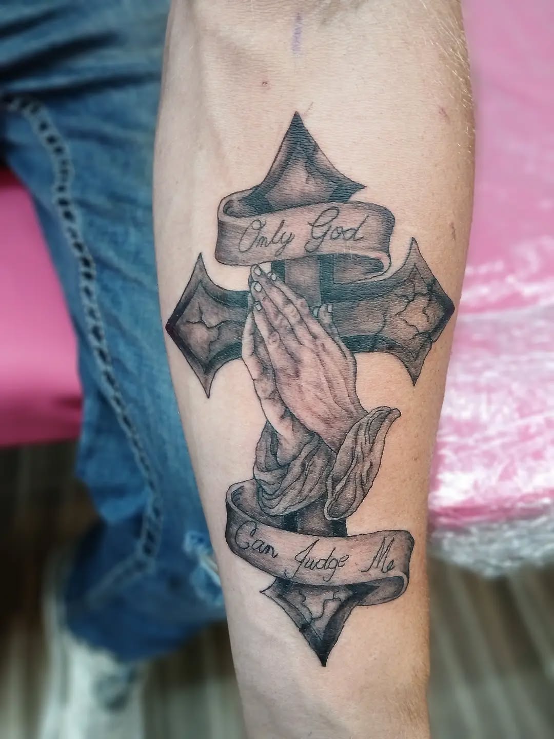 Tattoo by @jabbedbyjess — black_and_grey, lettering_script