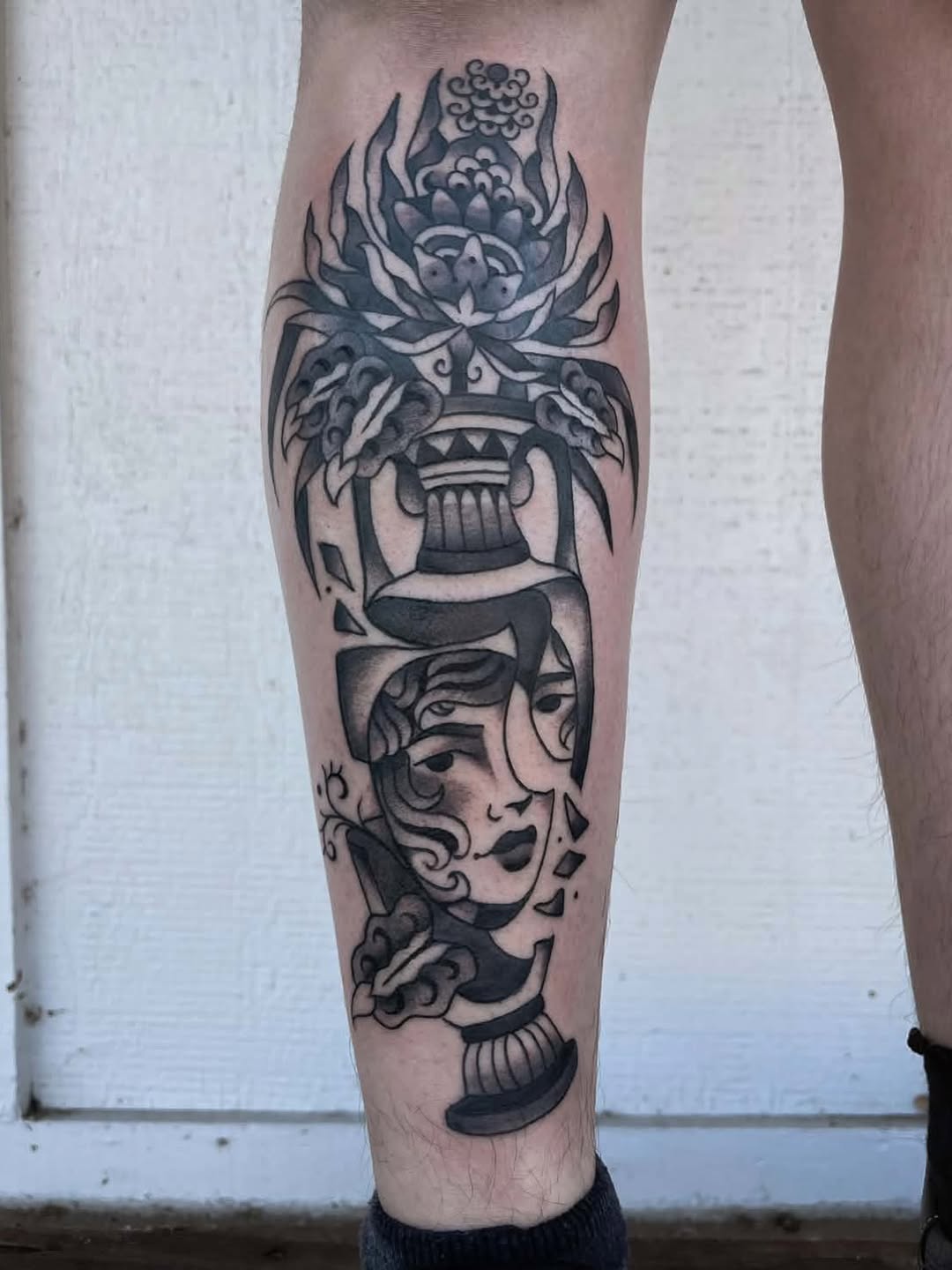 Tattoo by @wranglertattoos — black_and_grey, surrealism