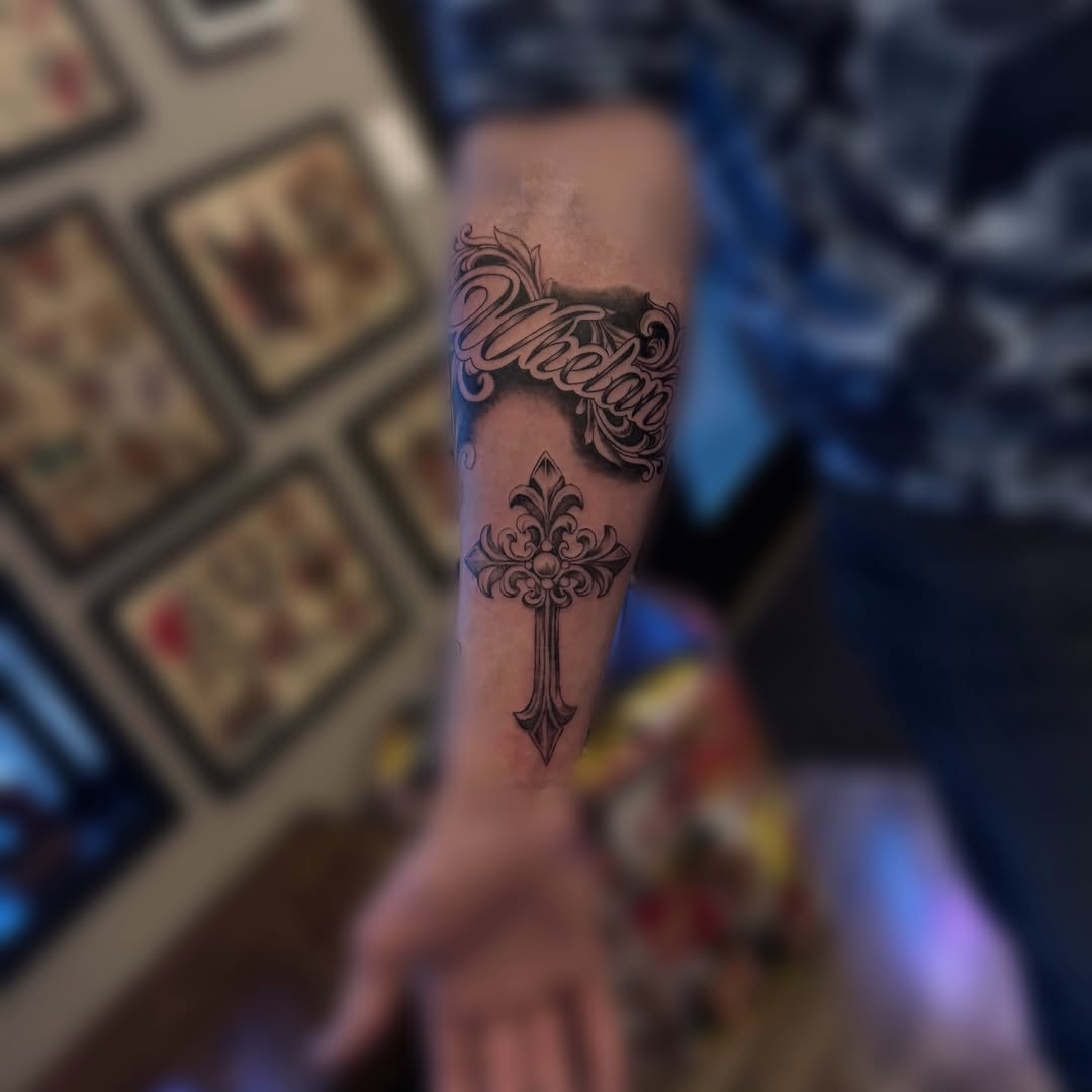 Tattoo by @josselynraetattoo — lettering_script, ornamental