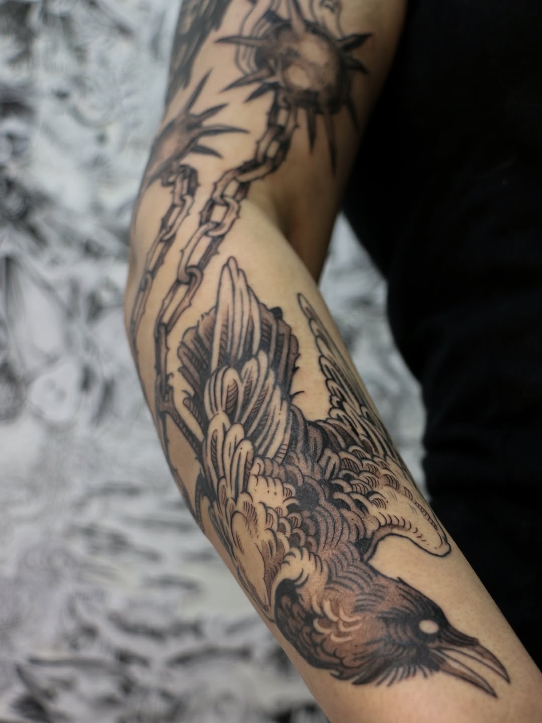 Tattoo by @baldpeaches — black_and_grey, dark_realism