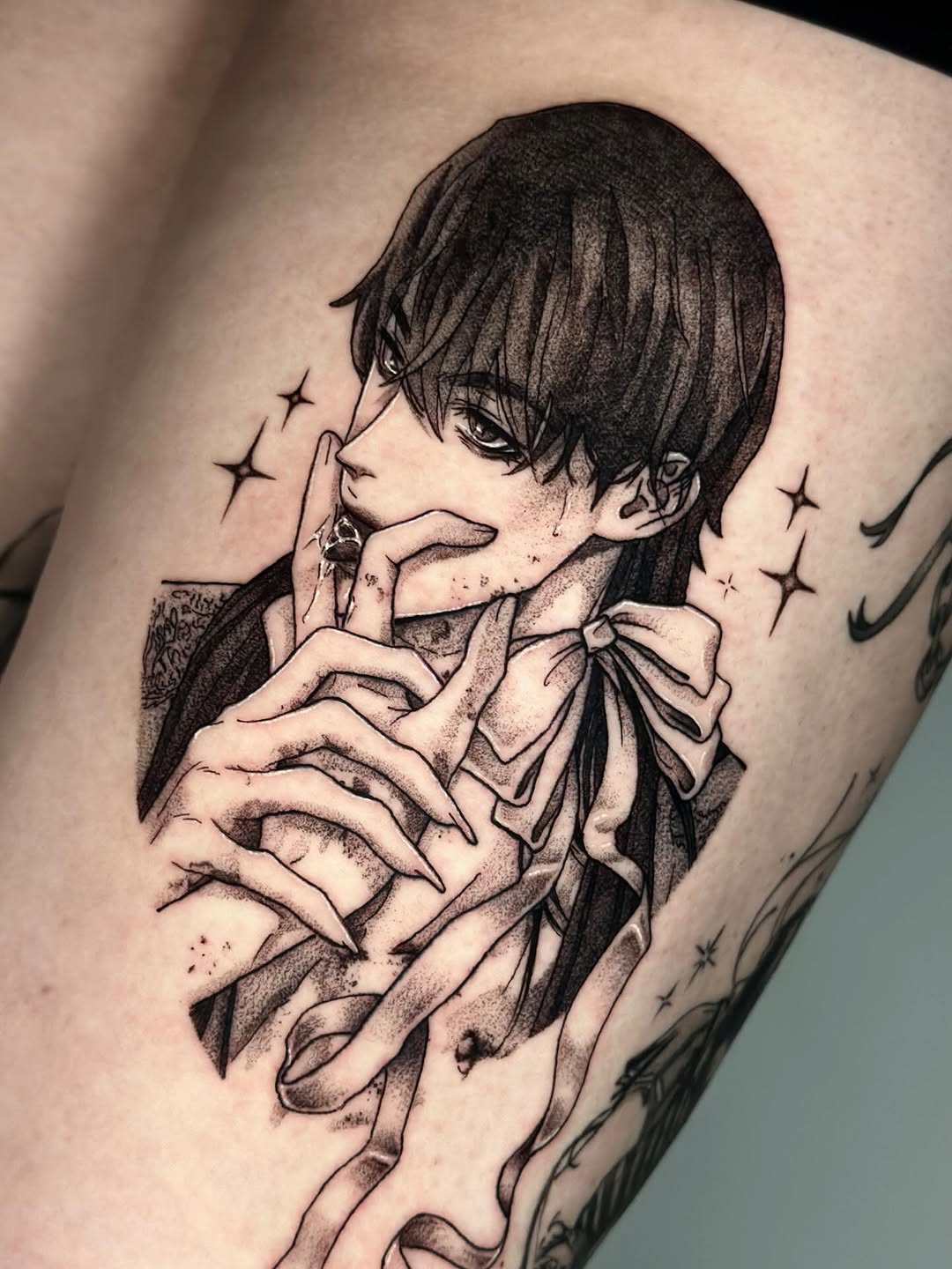 Tattoo by @kkimnida โ anime, dotwork