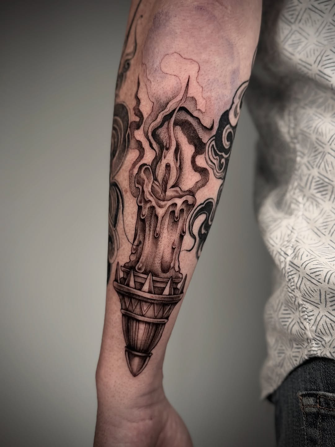Tattoo by @the.ant.ink — black_and_grey, dotwork