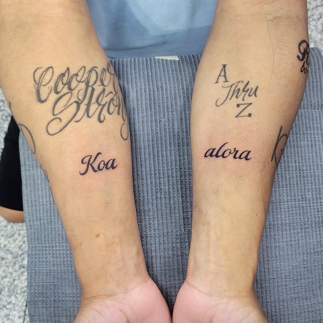 Tattoo by @sarah_tone_ink — lettering_script, fine_line