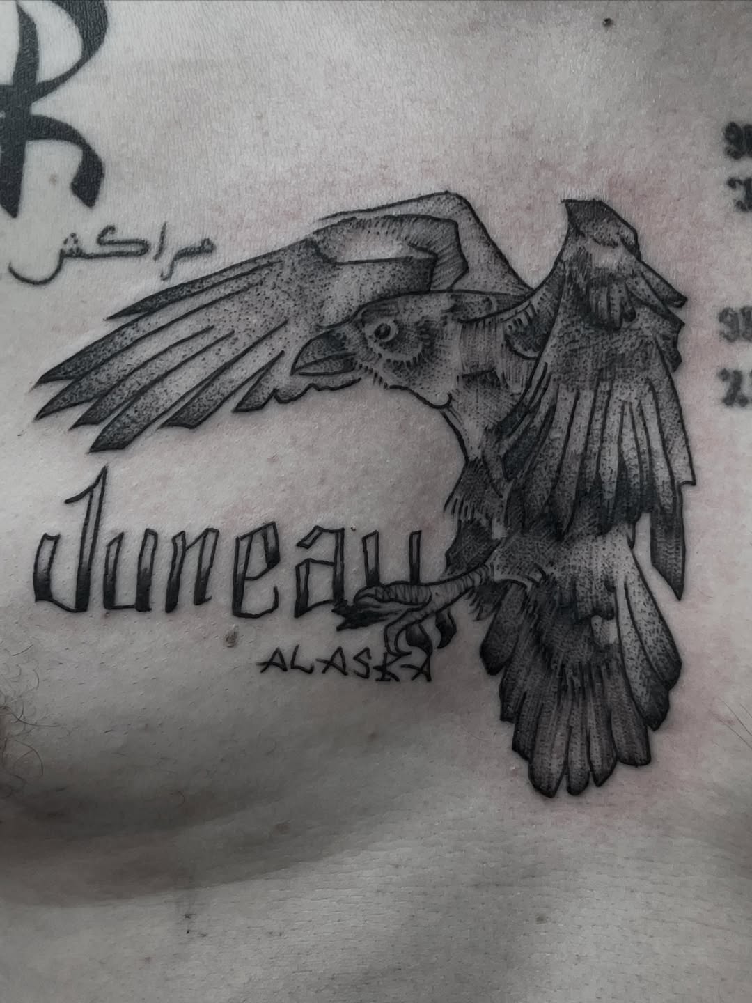 Tattoo by @mattbagodonuts — dotwork, lettering_script