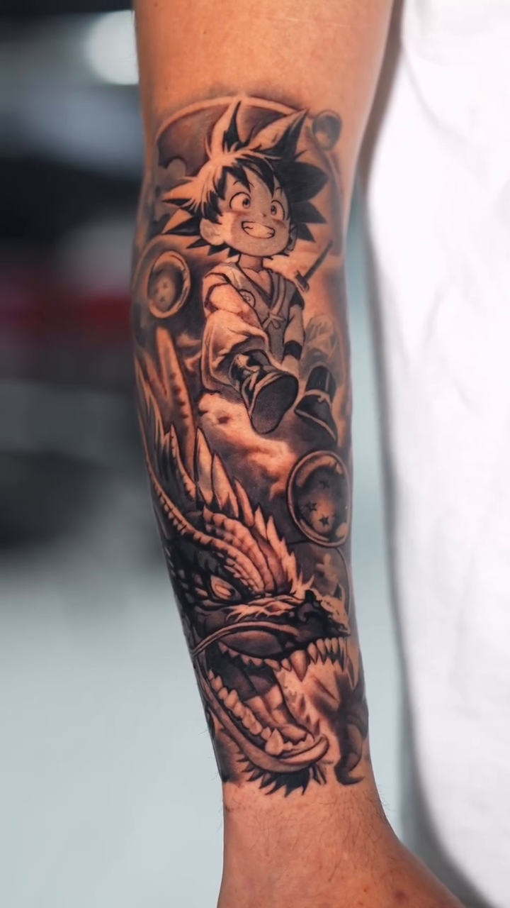 Tattoo by @joey_hella — anime, black_and_grey