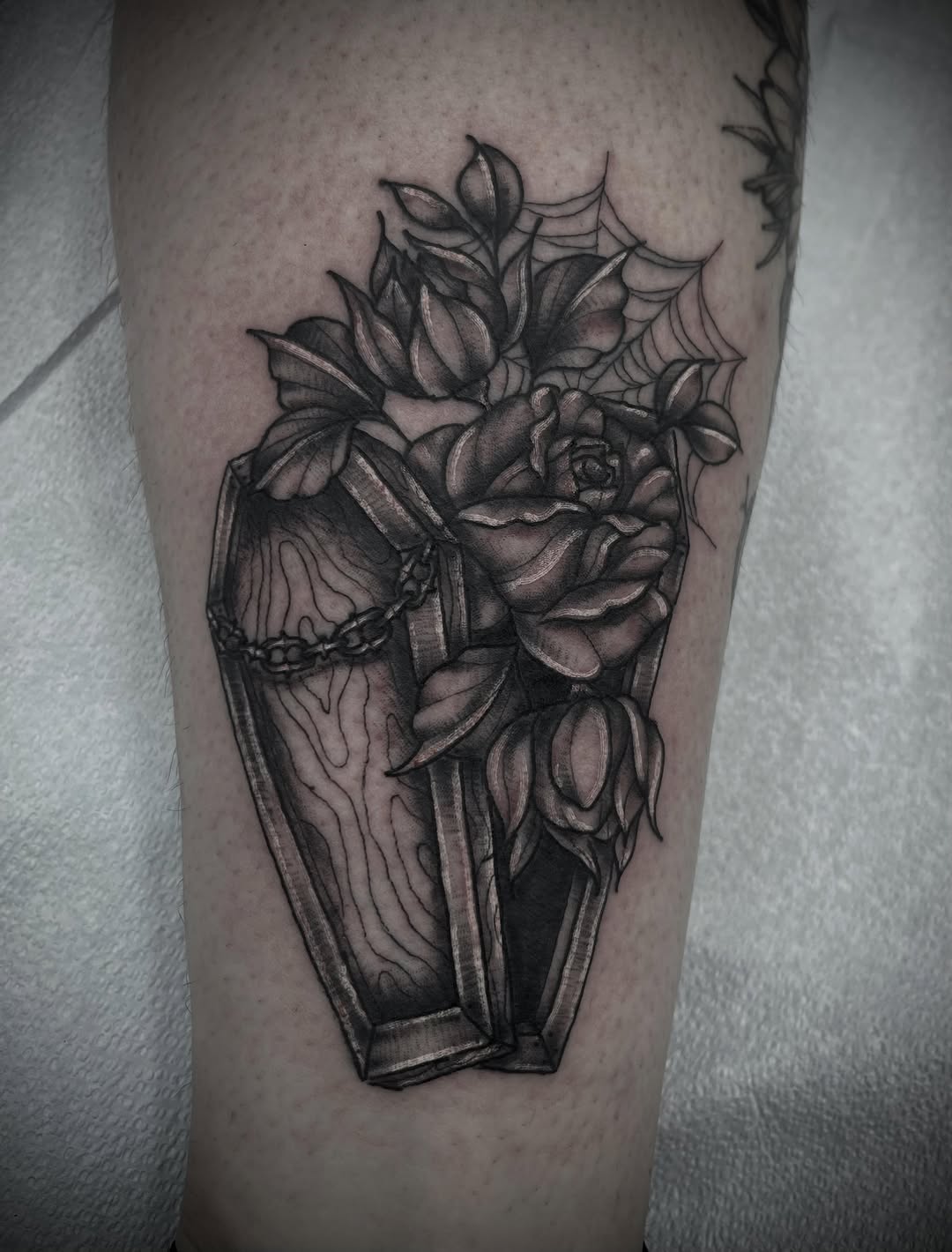 Tattoo by @jesscorinnetattoo — black_and_grey, dark_realism