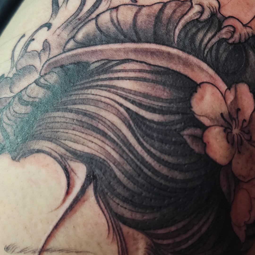 Tattoo by @mewskaadri — japanese_irezumi, black_and_grey