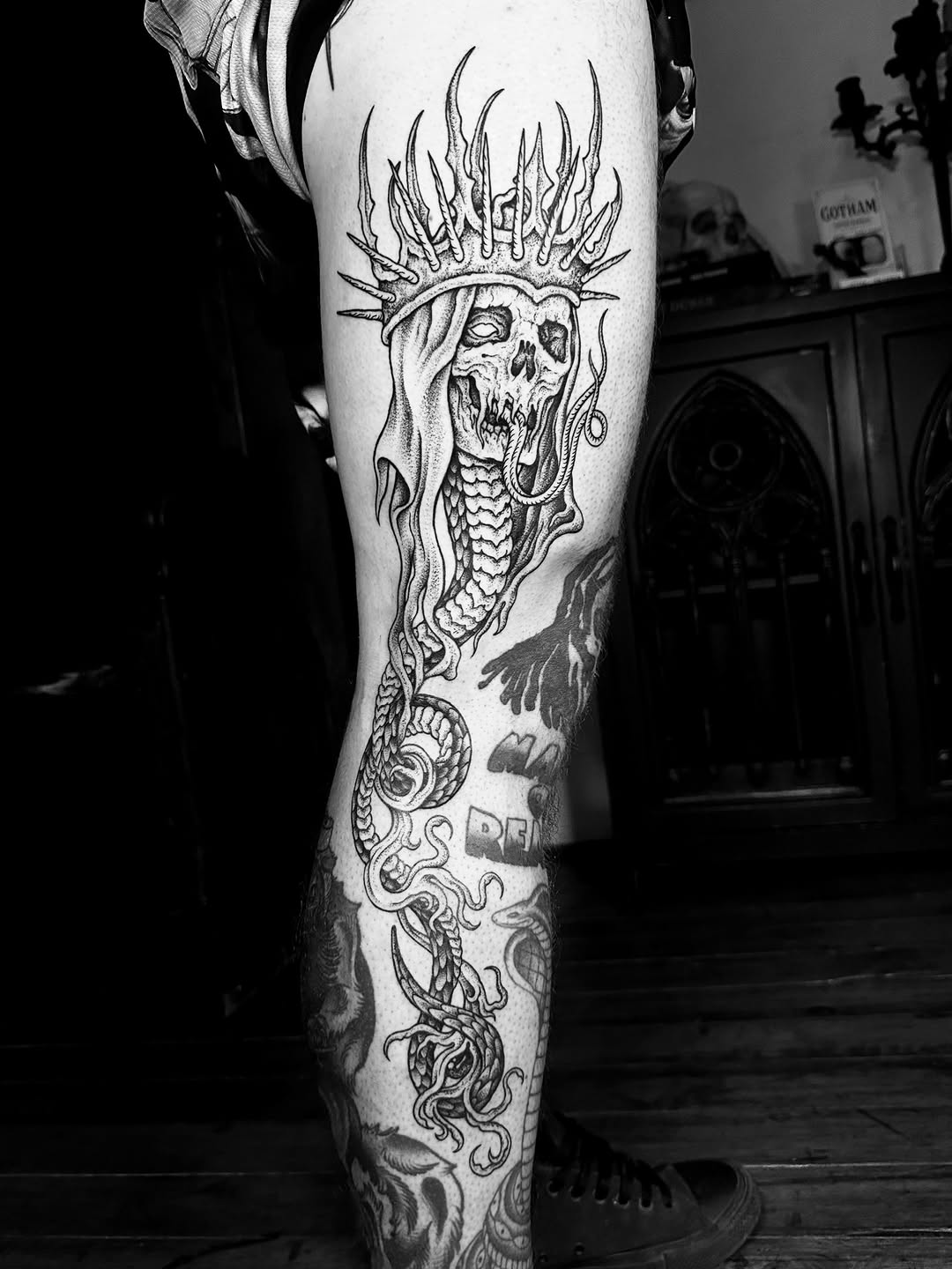 Tattoo by @sashawoland β black_and_grey, dark_realism