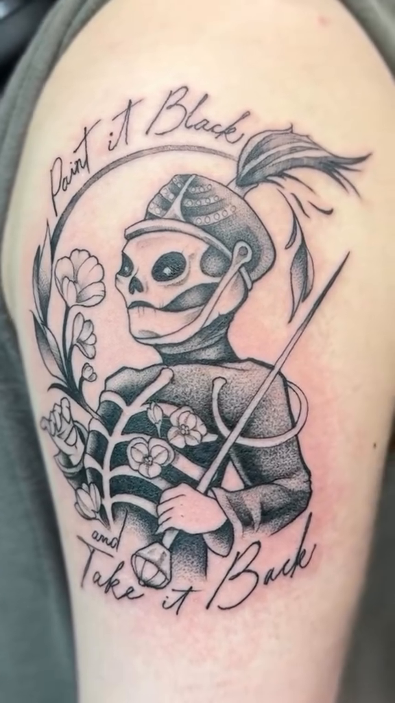 Tattoo by @rebecca.rose.tattoos โ black_and_grey, lettering_script