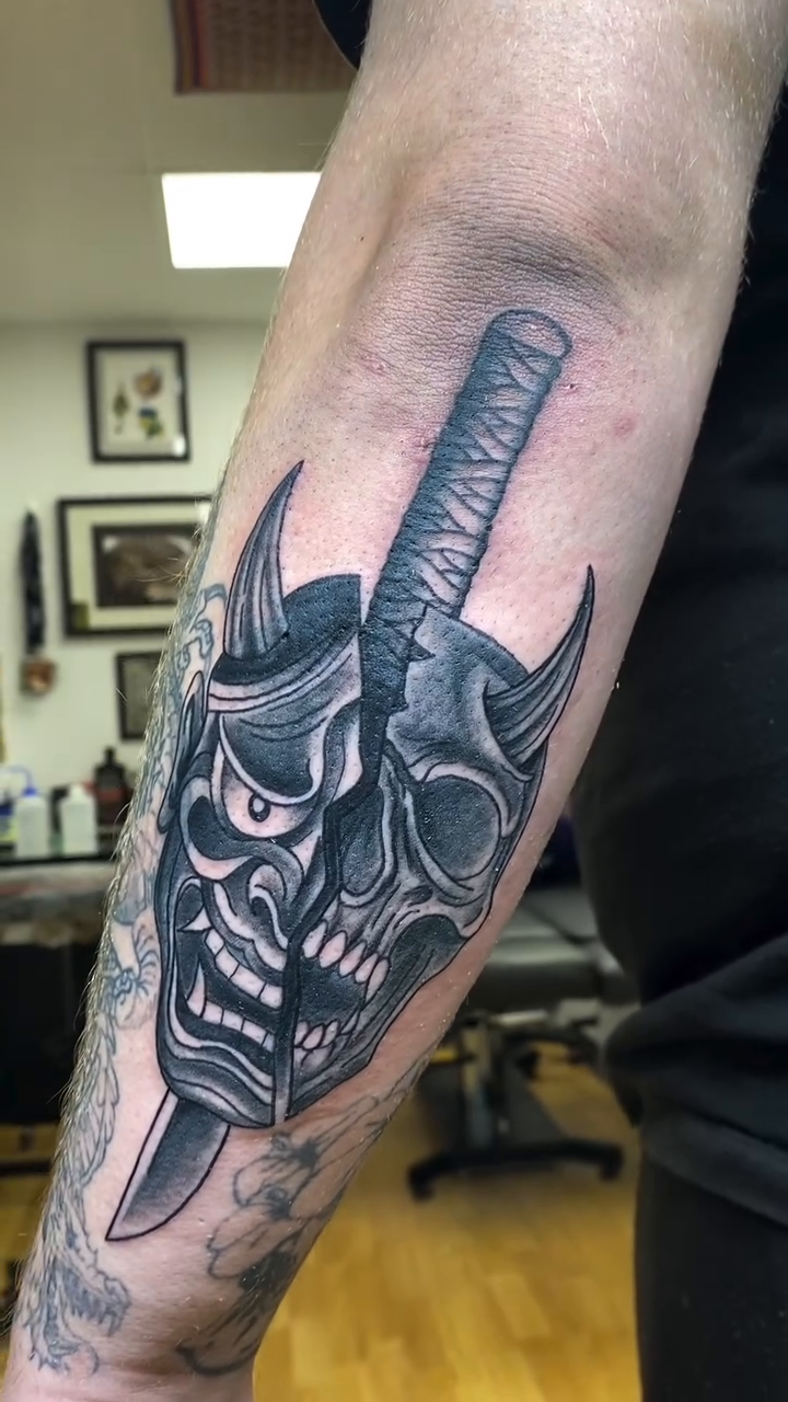 Tattoo by @meadowzmodificationz β japanese_irezumi, black_and_grey