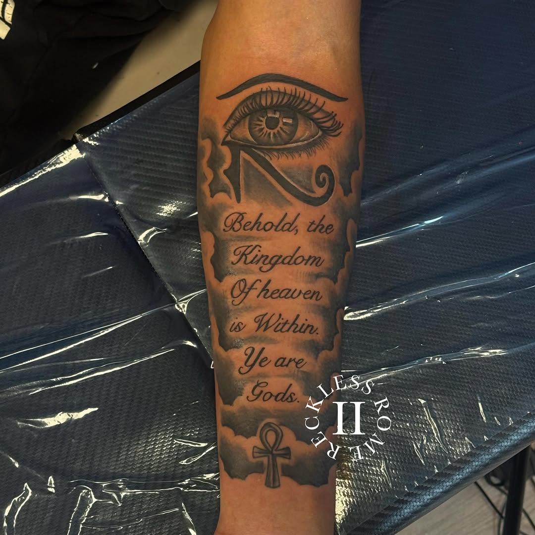 Tattoo by @2reckless__rome — black_and_grey, lettering_script