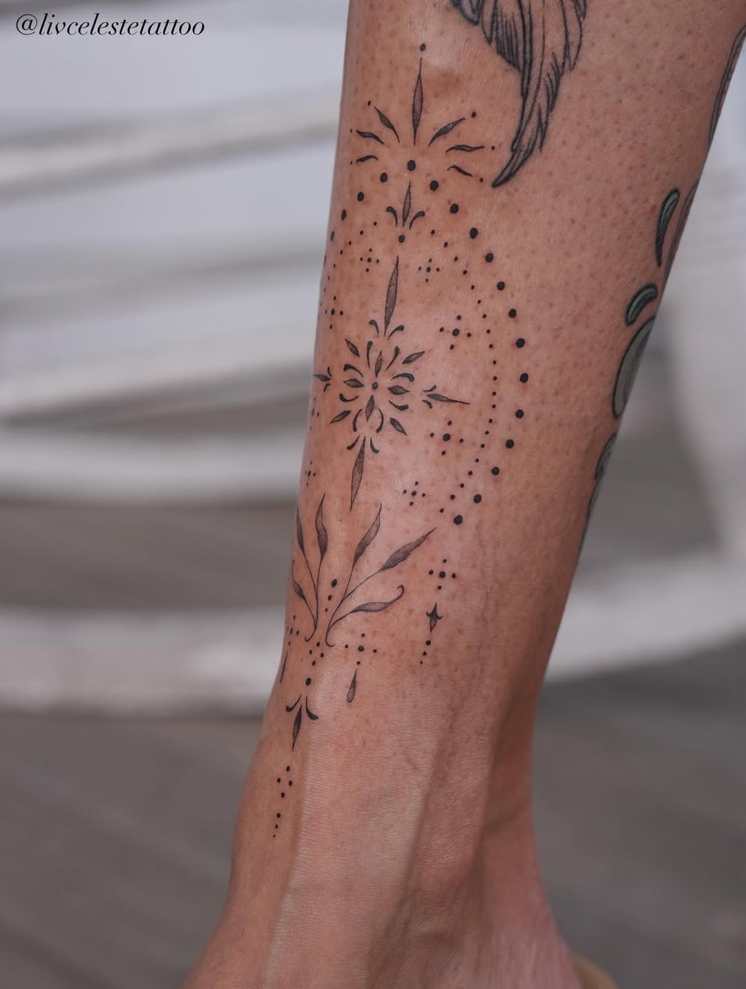 Tattoo by @livcelestetattoo โ fine_line, dotwork