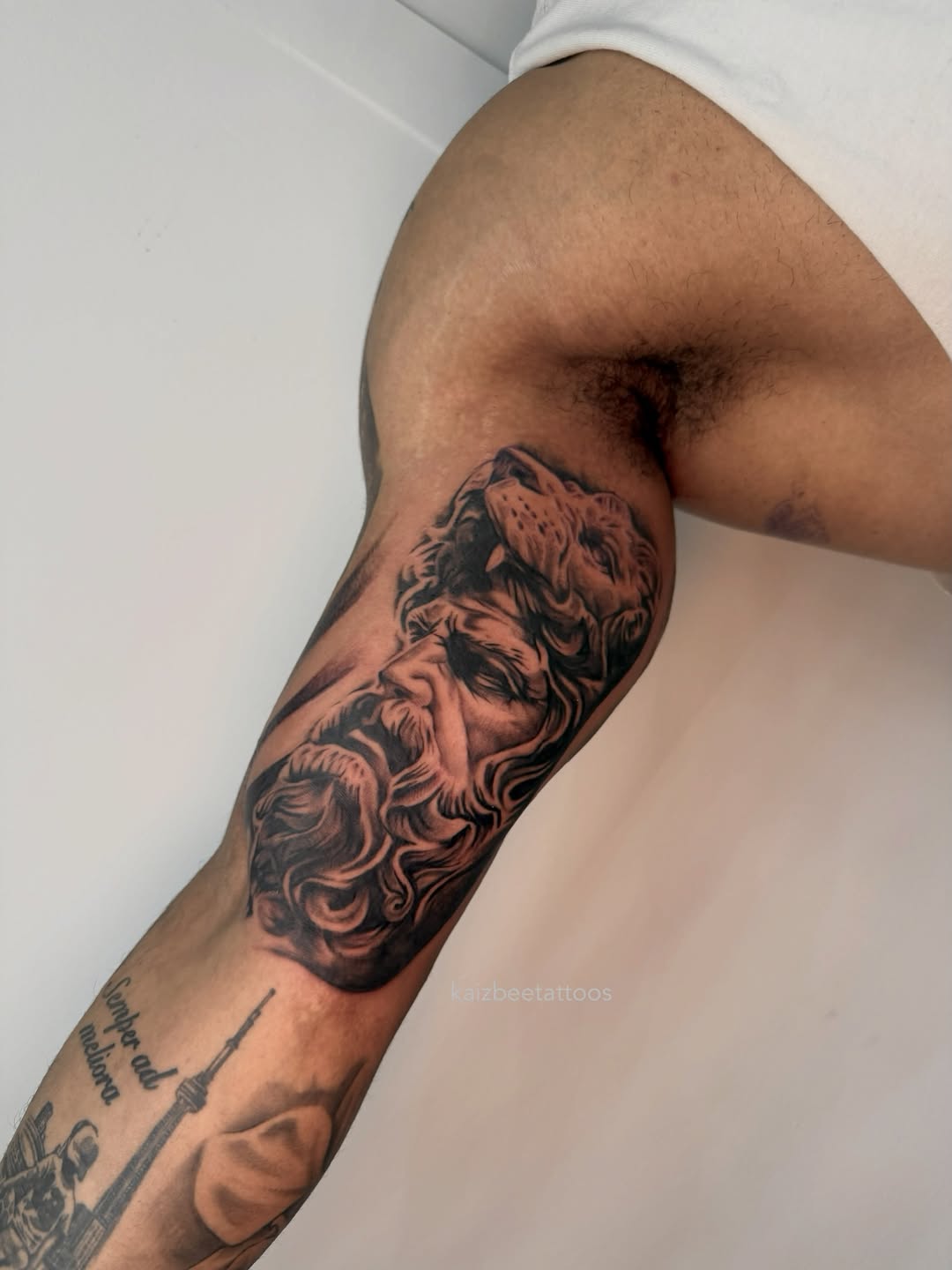 Tattoo by @kaizbeetattoos β realism, black_and_grey