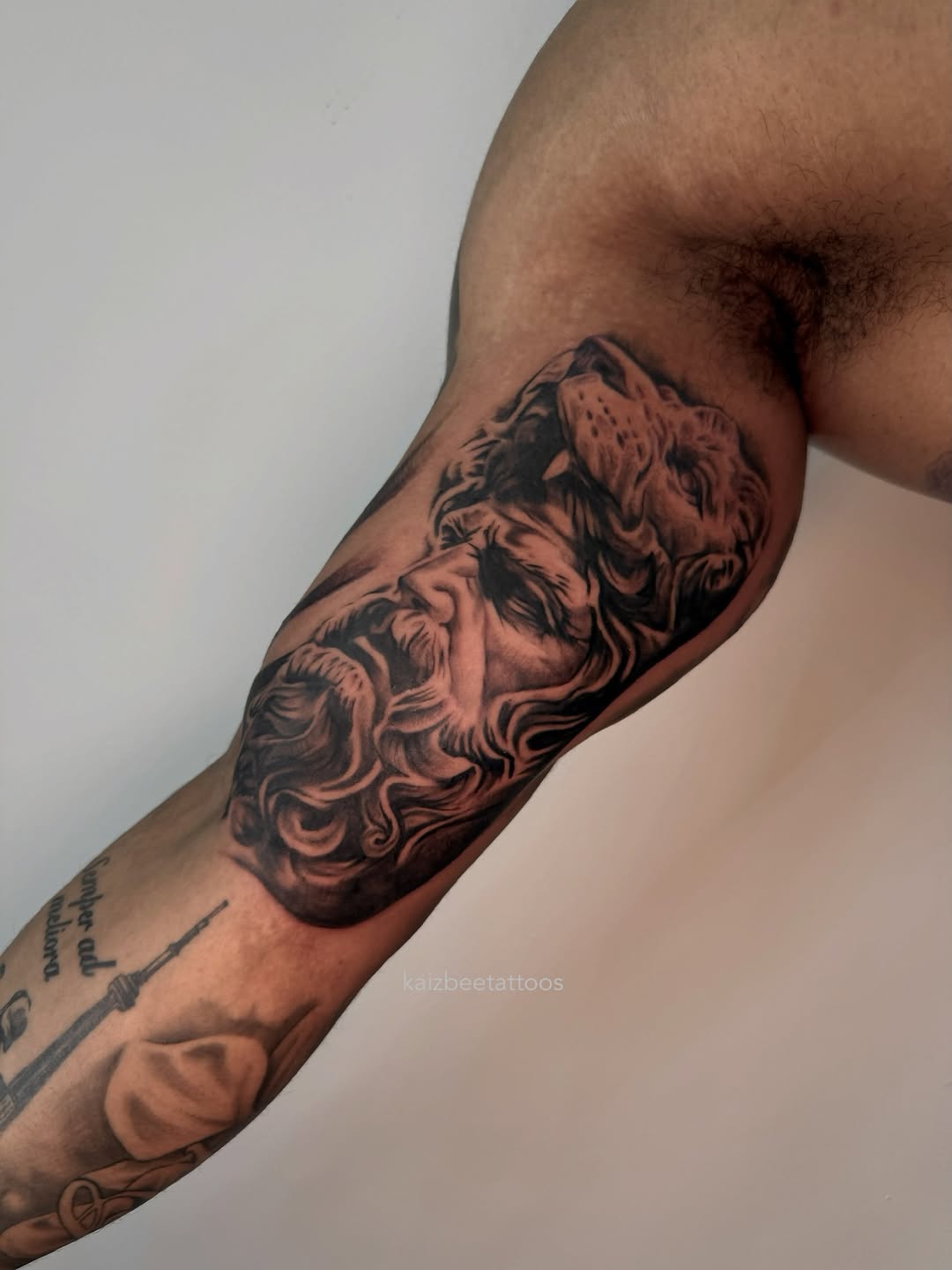 Tattoo by @kaizbeetattoos β realism, black_and_grey
