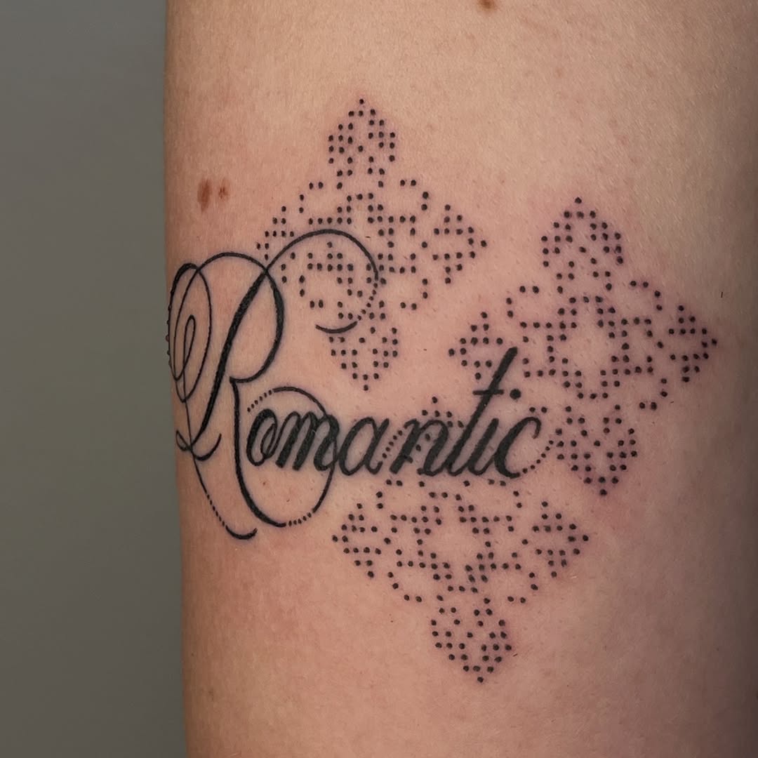 Tattoo by @toughbutton.tats — lettering_script, dotwork
