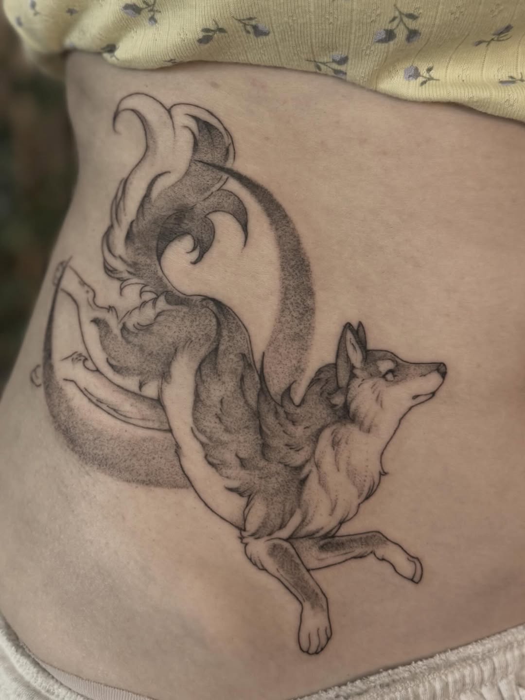 Tattoo by @pixi.bite — illustrative, dotwork