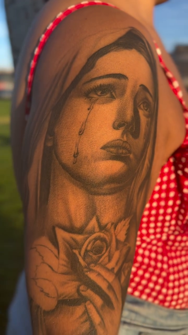 Tattoo by @dropletz619 — black_and_grey, realism