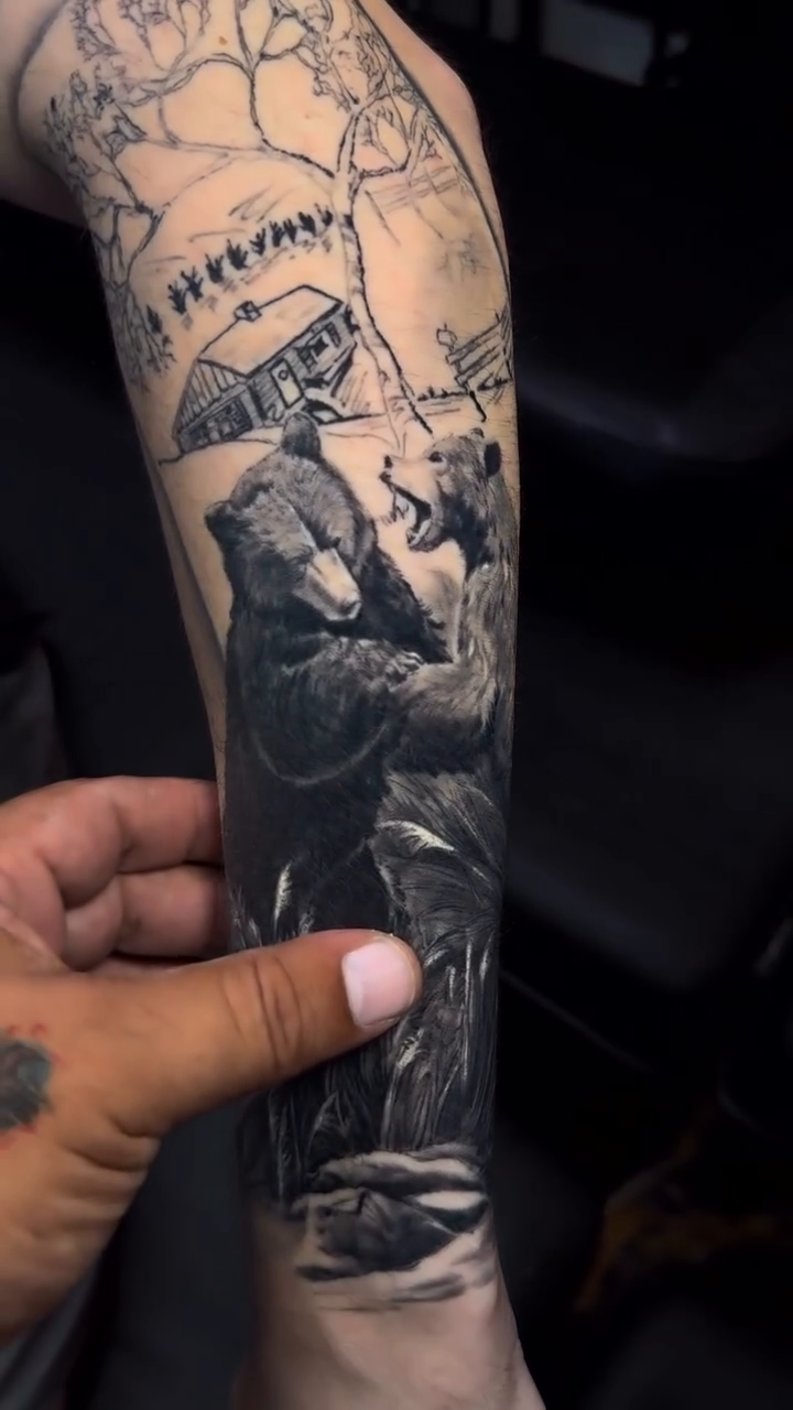 Tattoo by @grimlayertattoo — realism, black_and_grey