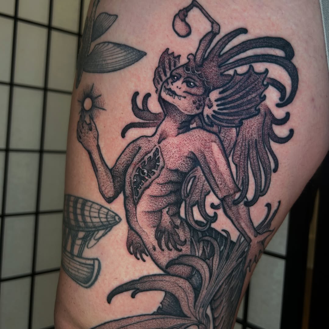 Tattoo by @catzilla_tattoos — black_and_grey, dotwork