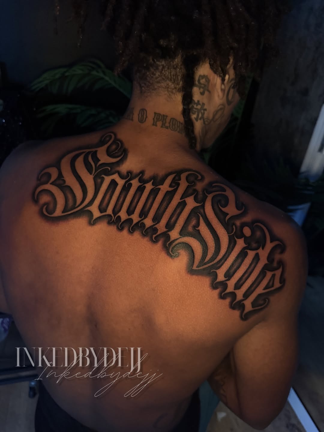 Tattoo by @inkedbydejj — lettering_script, black_and_grey