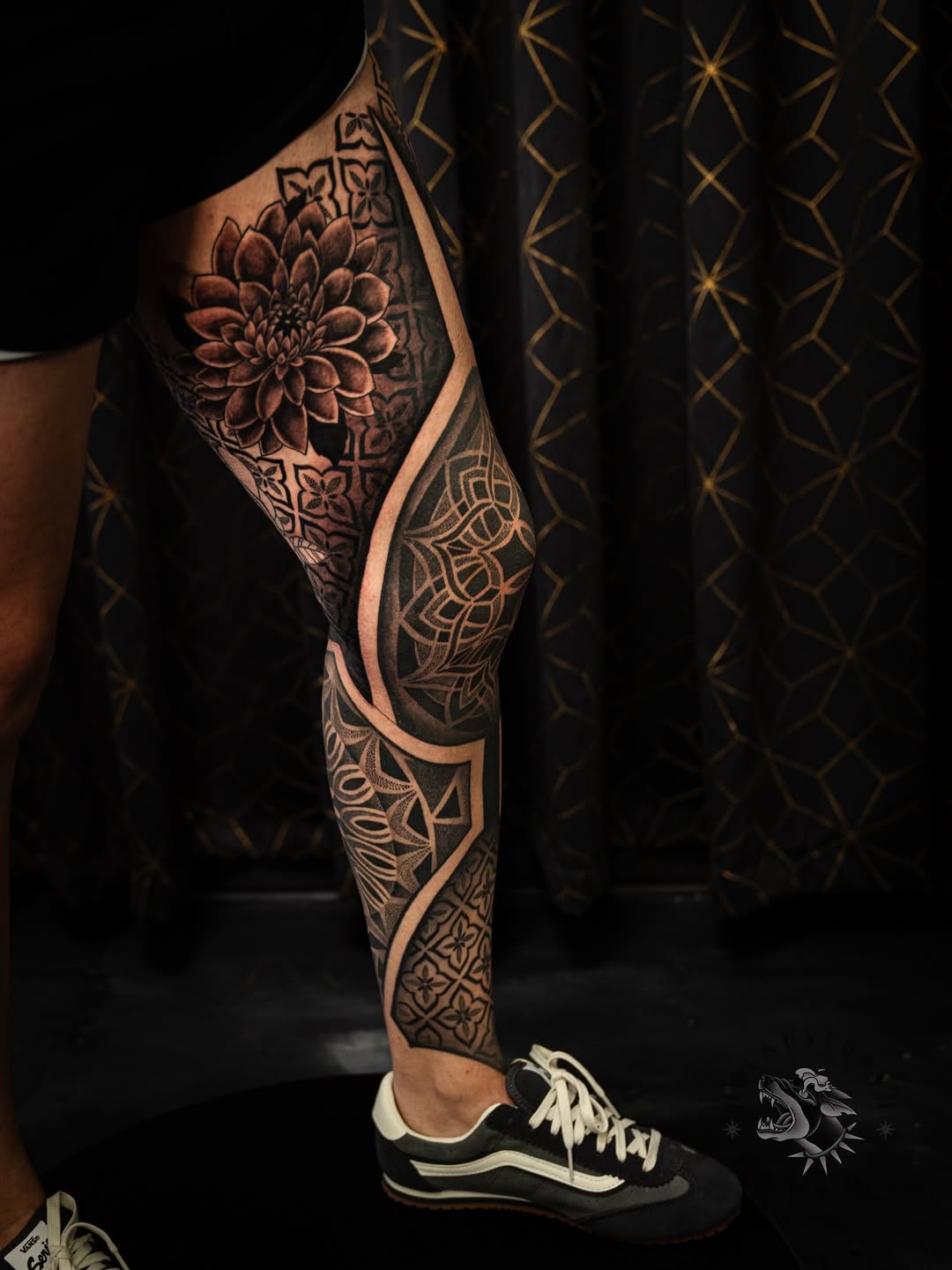 Tattoo by @sacredhound.ttt — geometric, black_and_grey