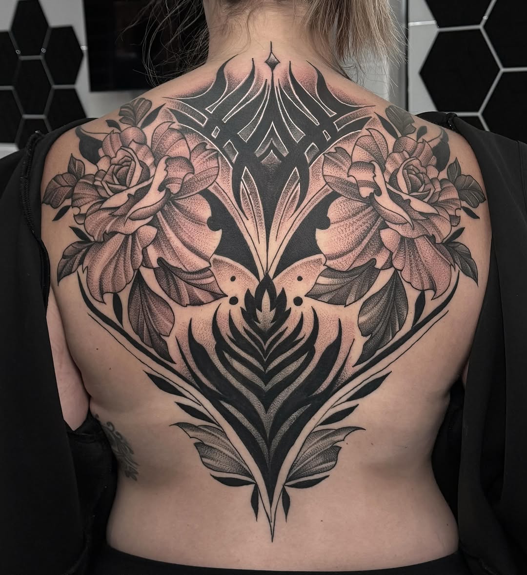 Tattoo by @grineylagantattoo — black_and_grey, dotwork