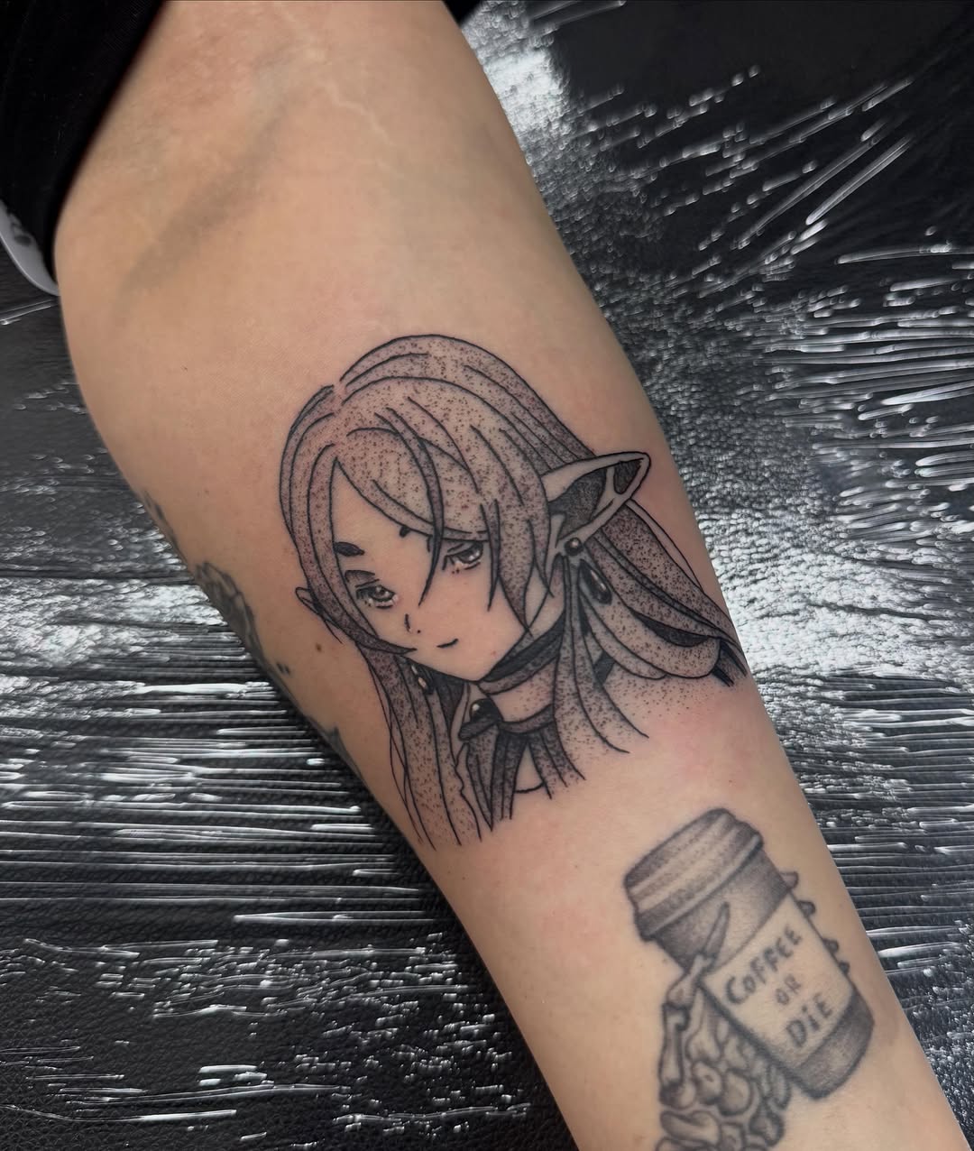 Tattoo by @honey_.ink_ — anime, dotwork