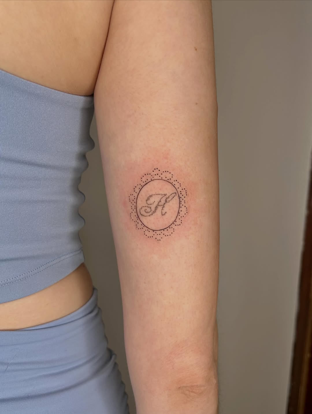 Tattoo by @allieb.tats — dotwork, lettering_script