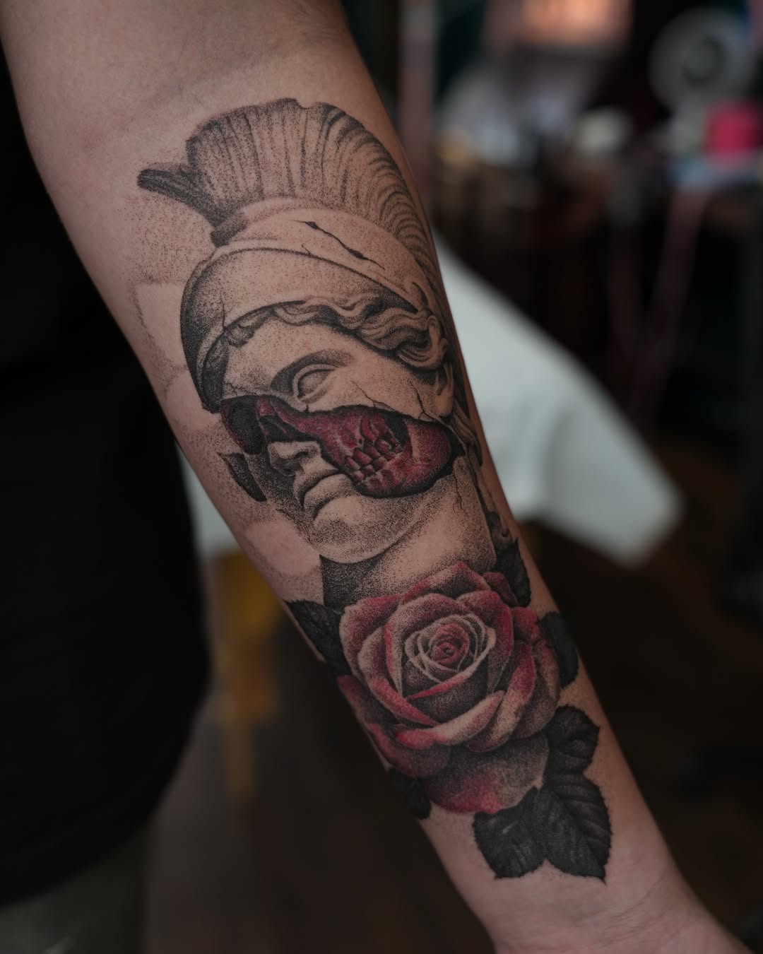 Tattoo by @doomedtattoo — realism, dotwork