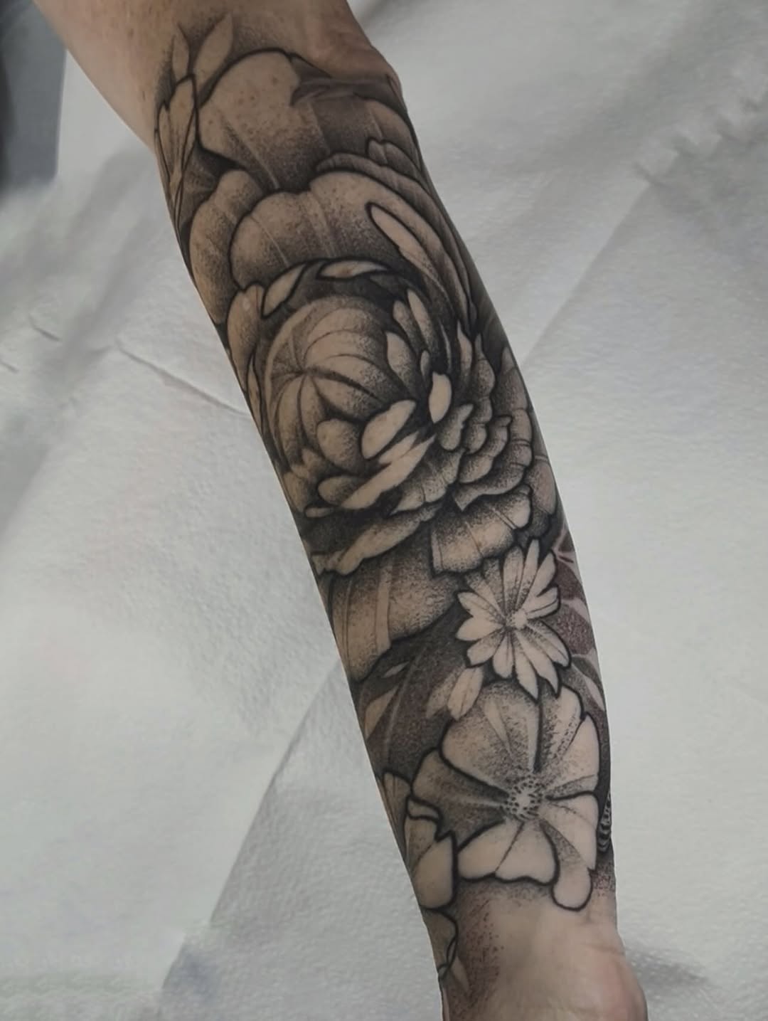 Tattoo by @annawolfftattoos — dotwork, black_and_grey