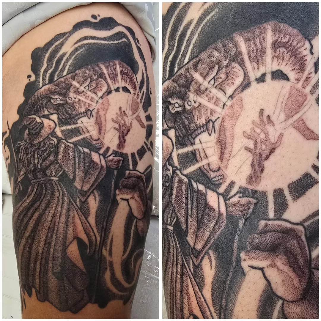 Tattoo by @catsclawtattoo — black_and_grey, dotwork