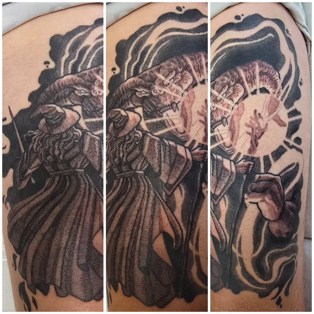 Tattoo by @catsclawtattoo — dotwork, dark_realism