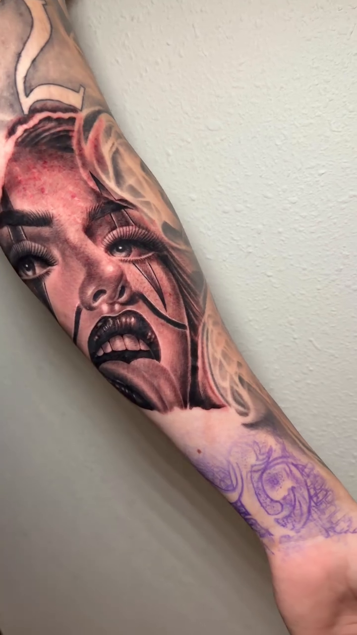 Tattoo by @mrgrouchtattoos — dark_realism, black_and_grey