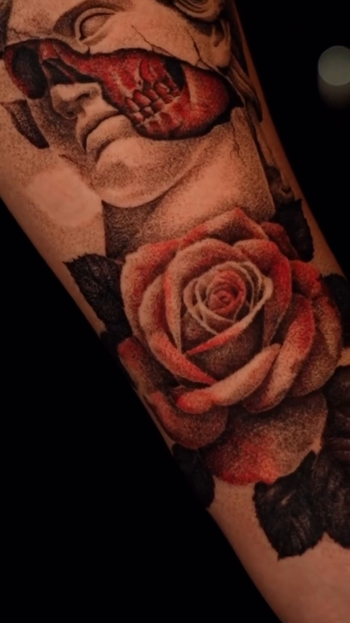 Tattoo by @doomedtattoo — realism, dotwork