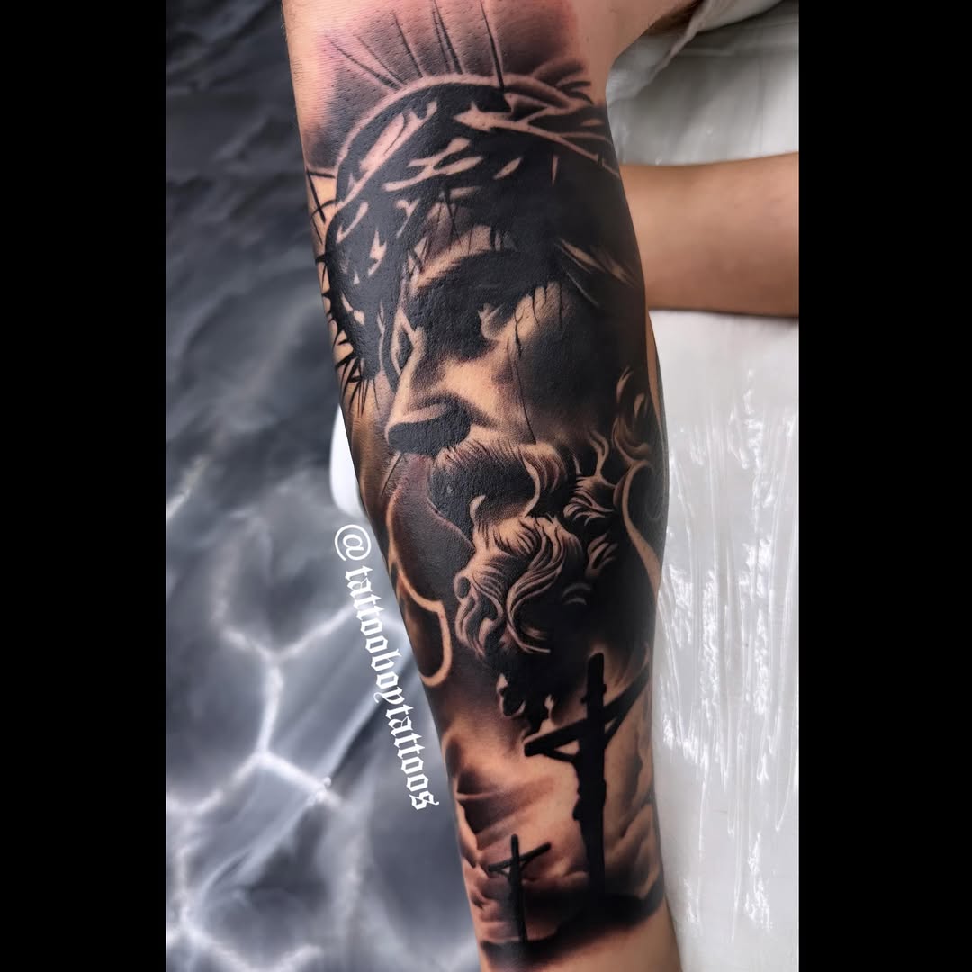 Tattoo by @tattooboytattoos — black_and_grey, realism