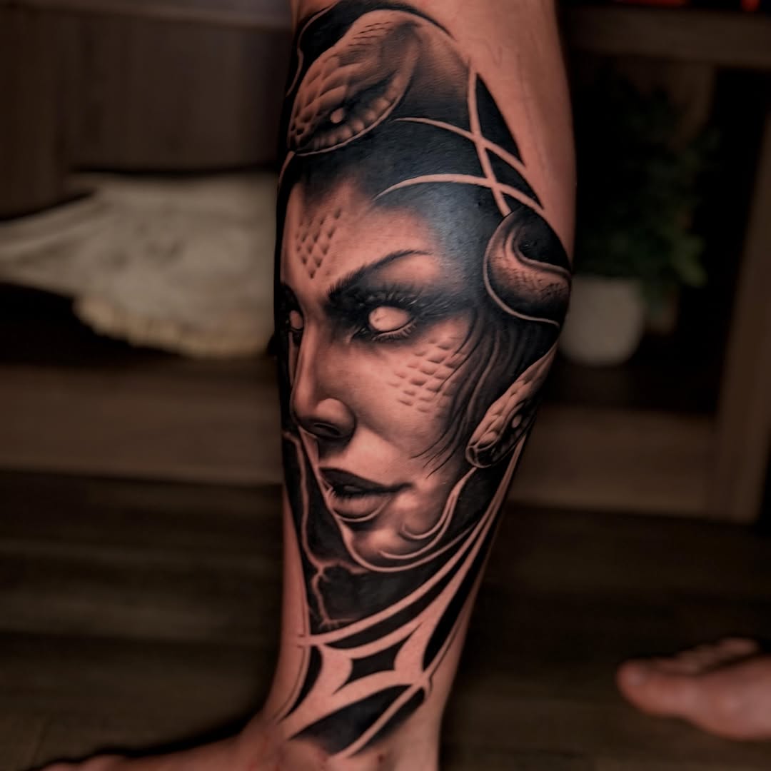 Tattoo by @fleurnoirestudio โ realism, black_and_grey