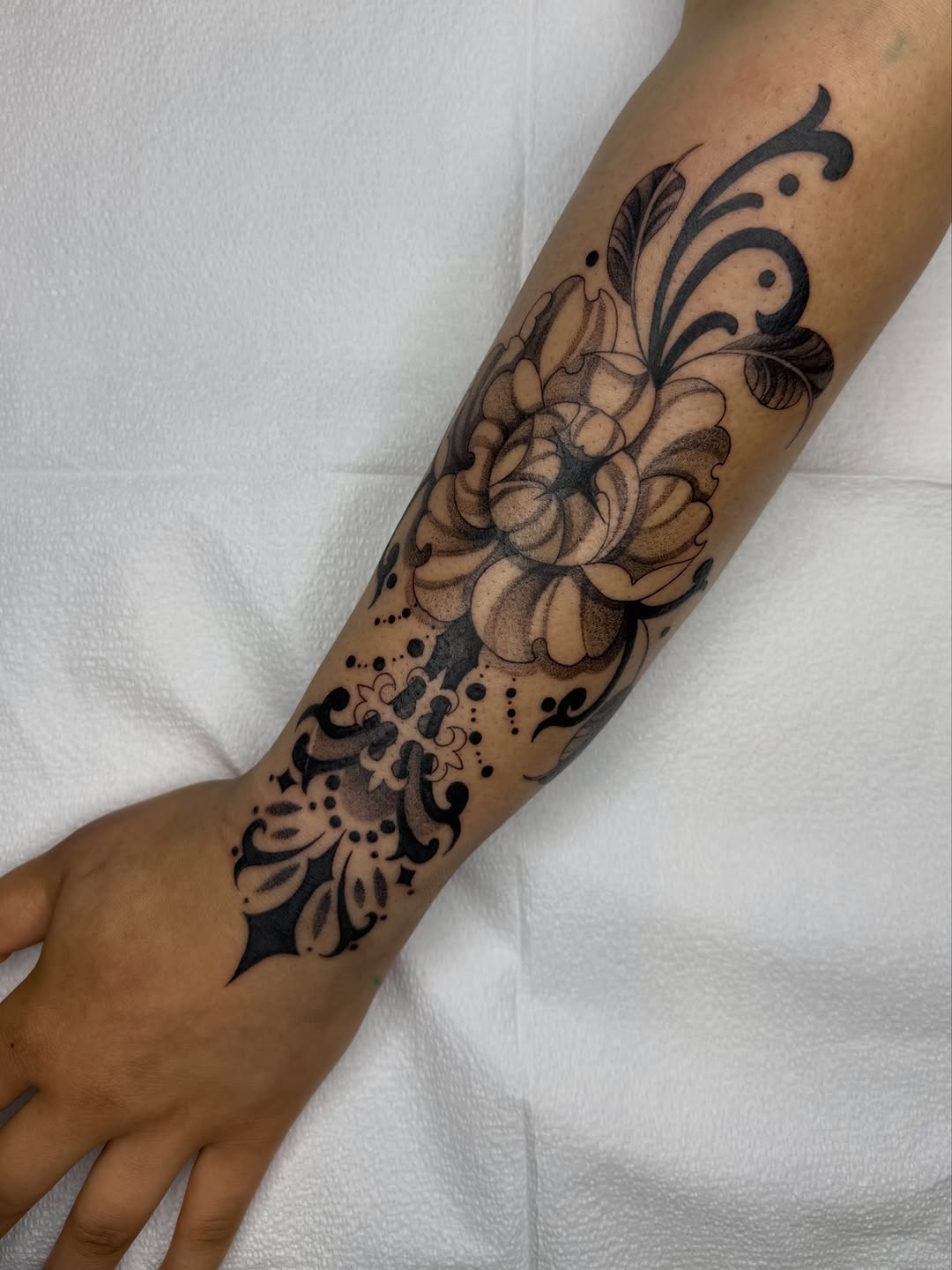 Tattoo by @molly.m.tattoo — black_and_grey, ornamental