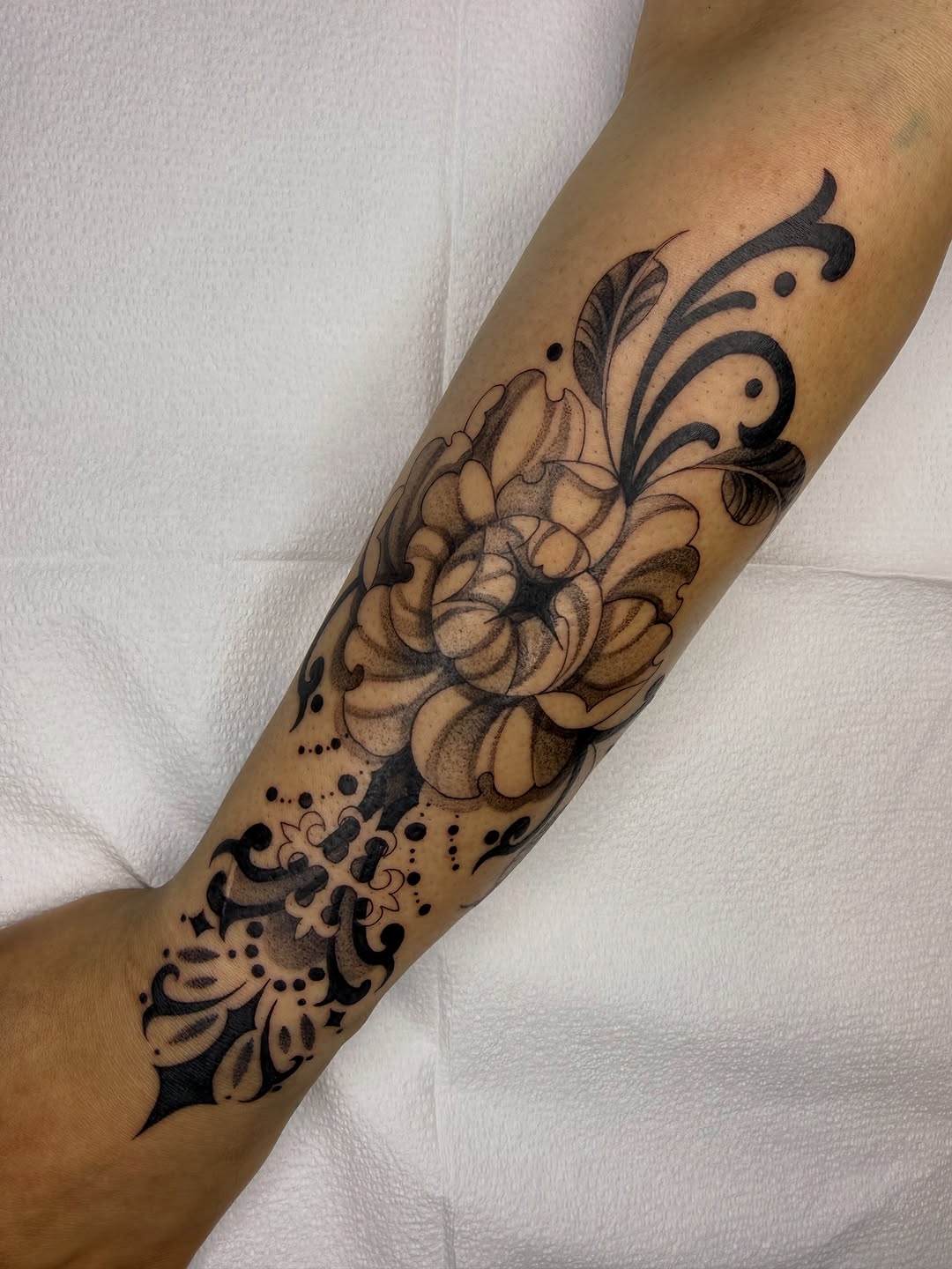 Tattoo by @molly.m.tattoo — black_and_grey, ornamental