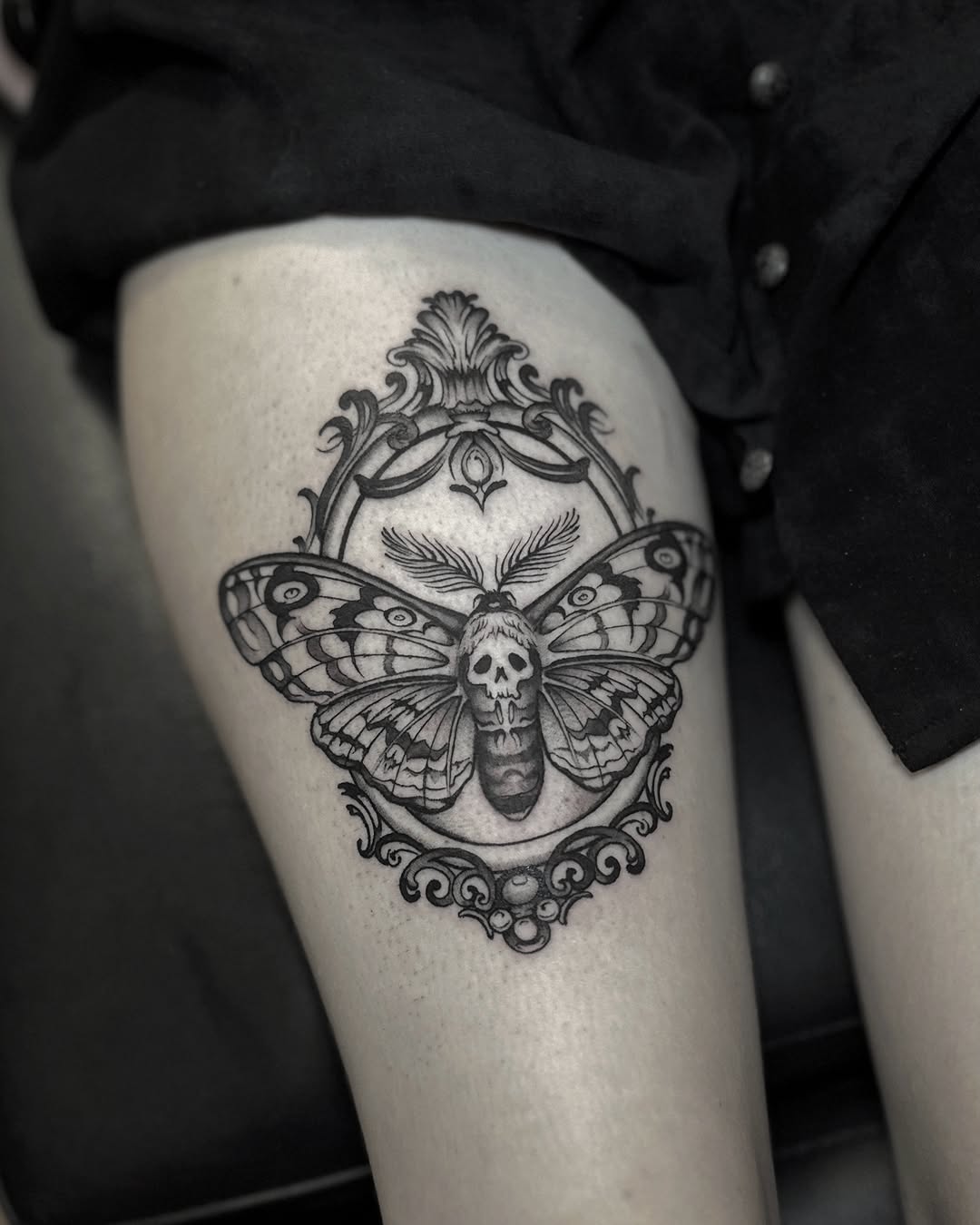 Tattoo by @hellbunnytattoos — black_and_grey, dark_realism
