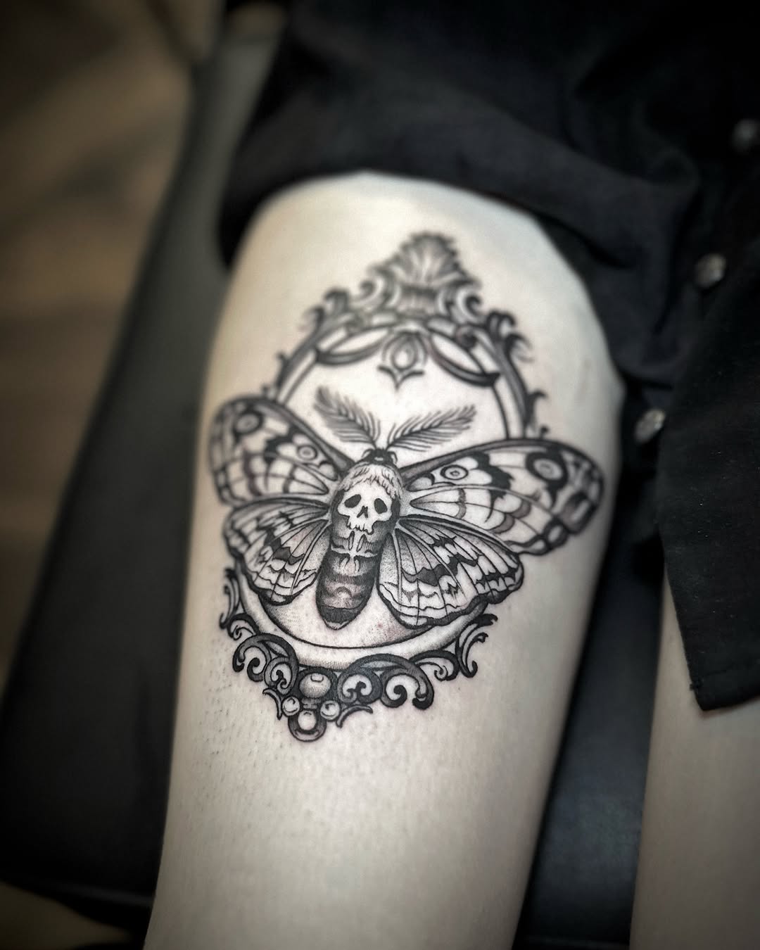 Tattoo by @hellbunnytattoos — black_and_grey, dark_realism