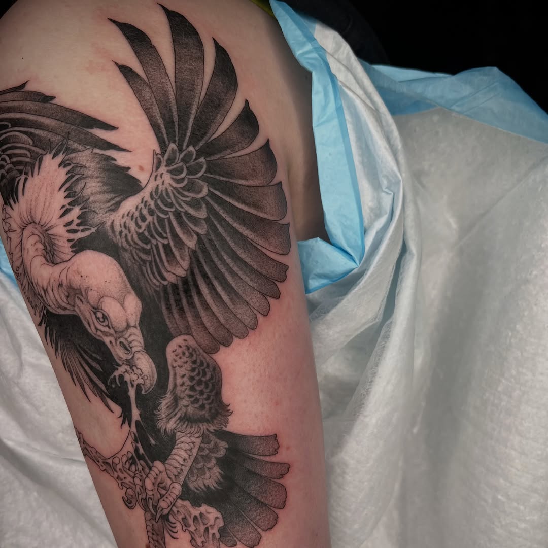 Tattoo by @revoltingworship — black_and_grey, realism