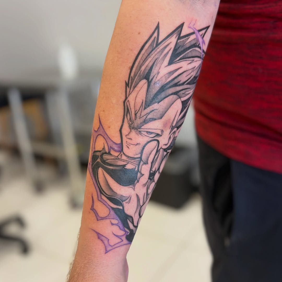Tattoo by @dahl_house_art — anime, black_and_grey