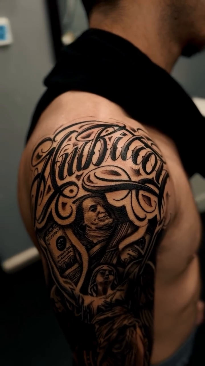 Tattoo by @mayleninks — lettering_script, chicano