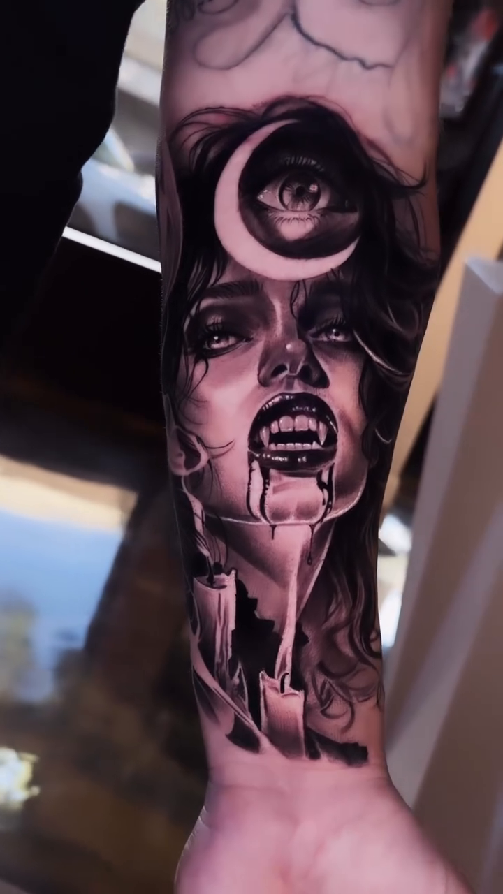 Tattoo by @sue_monsta — dark_realism, black_and_grey