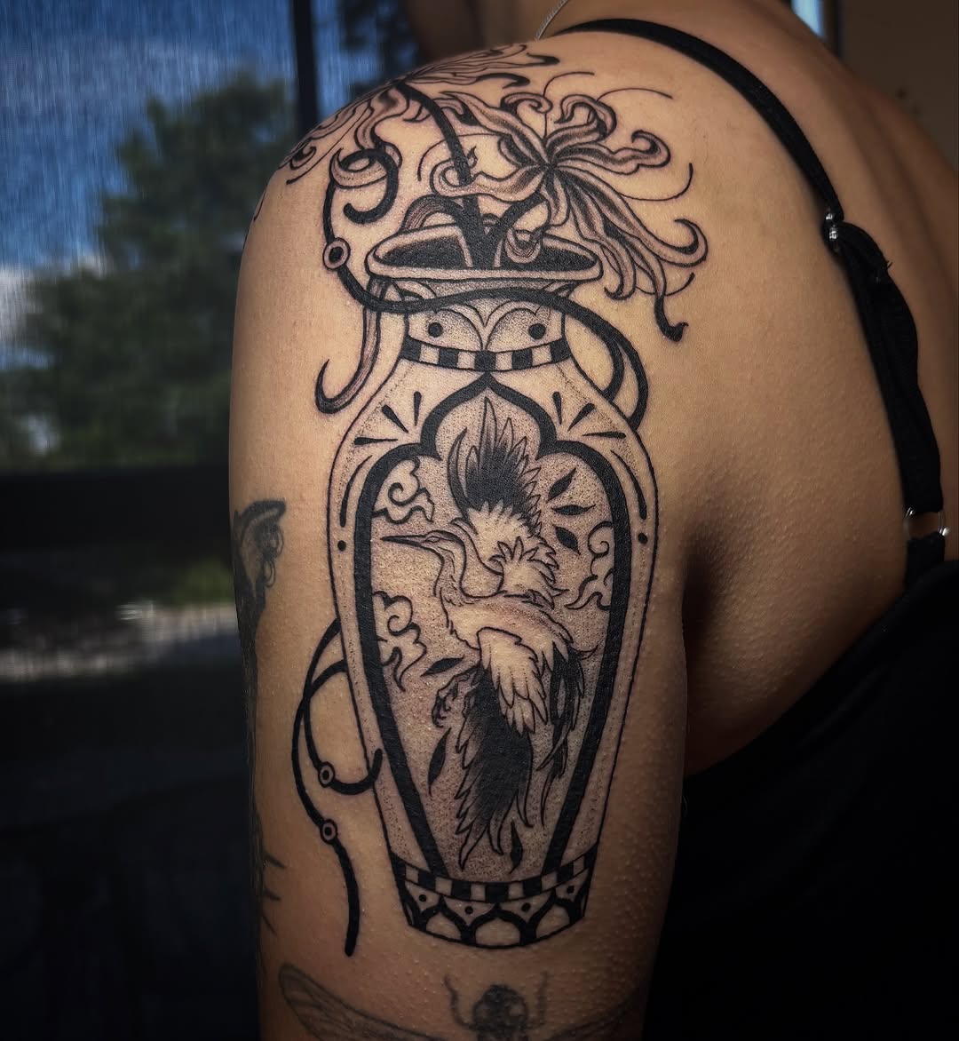 Tattoo by @jasminejadetattoo — illustrative, black_and_grey