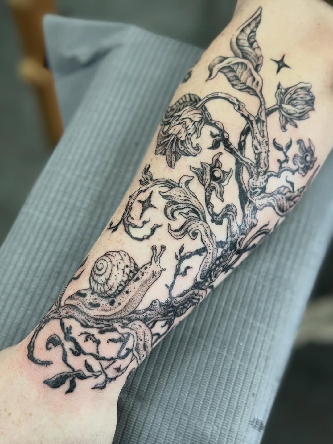 Tattoo by @writhingdirty — illustrative, black_and_grey