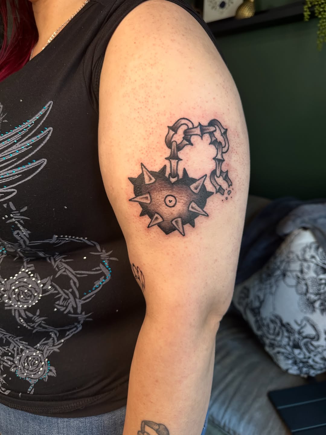 Tattoo by @grimefrogtattoos — blackwork, black_and_grey