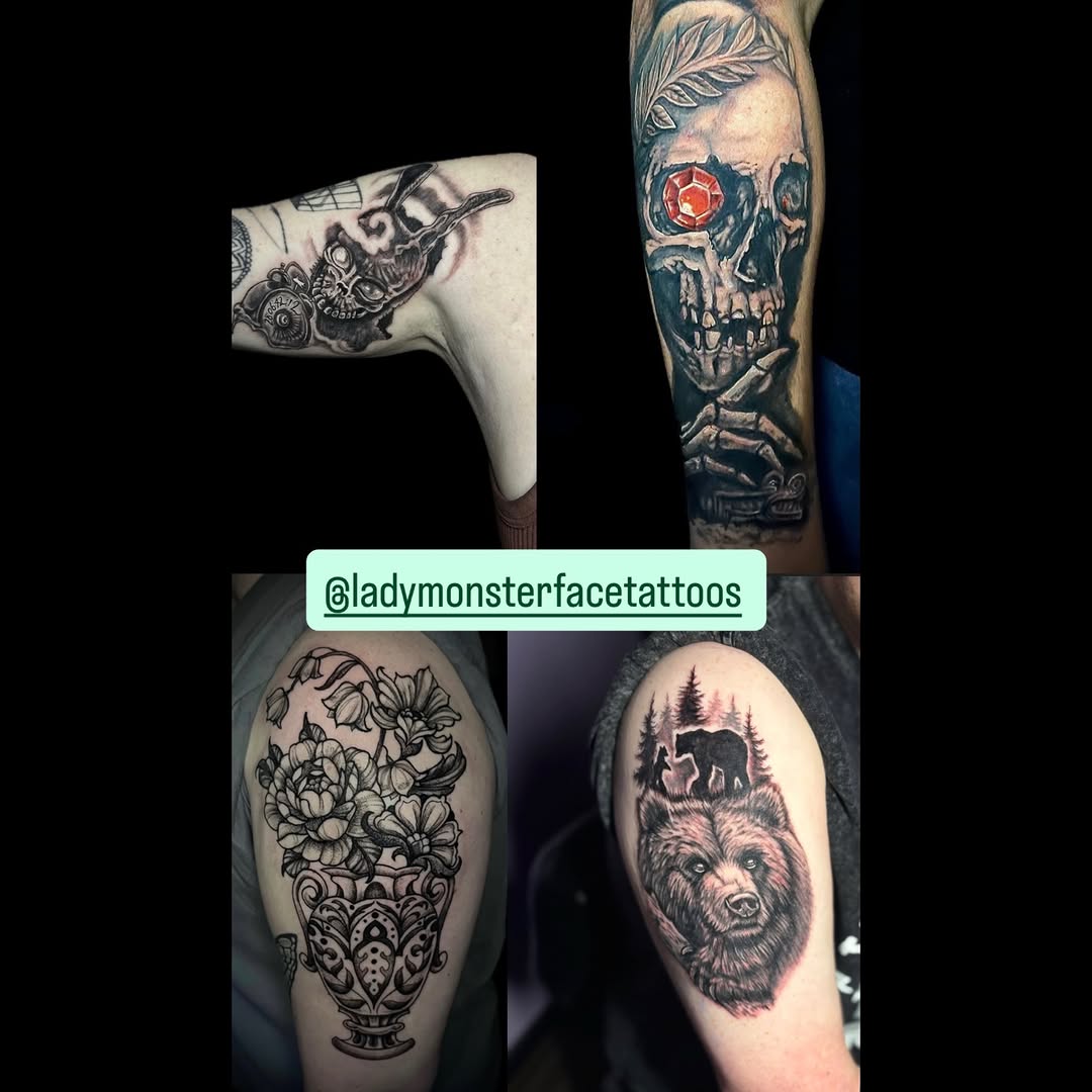 Tattoo by @ladymonsterfacetattoos — realism, black_and_grey