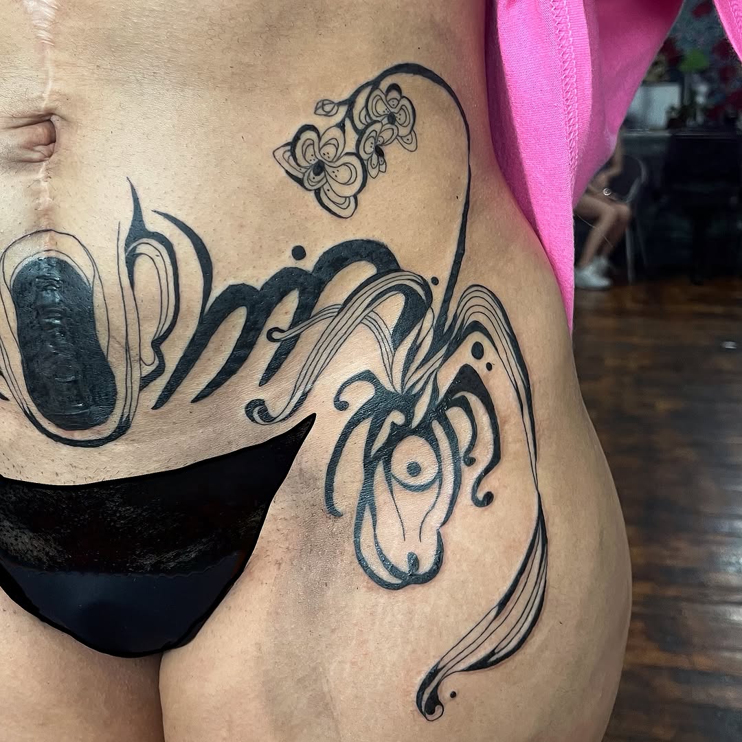 Tattoo by @cow.boy.ink — lettering_script, blackwork