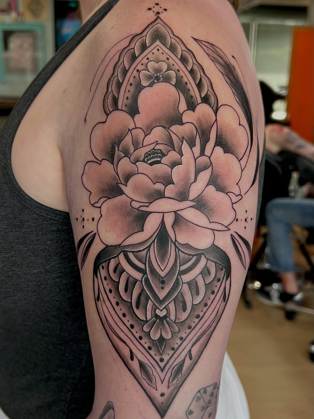 Tattoo by @jessica_kloostattoos — black_and_grey, ornamental